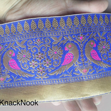 Gold, Blue And Fuchsia Pink Fabric Lace, Parrots And Floral Design Embroidery